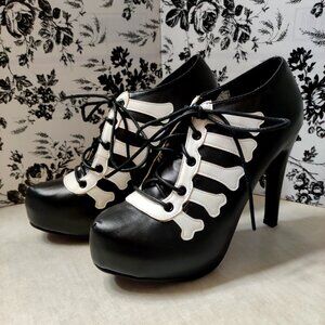 RARE Iron Fist Wishbone Black Platform Skeleton Bone High-Heel Goth Punk Booties